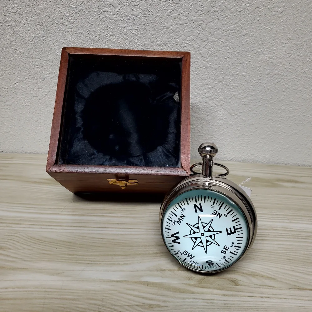 Paperweight Desk Clock Compass* w Brown Wooden Glass Top Box
